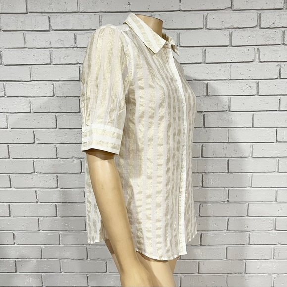 New York & Company Women’s White Gold Striped Short Sleeve Button Down - Picture 8 of 9